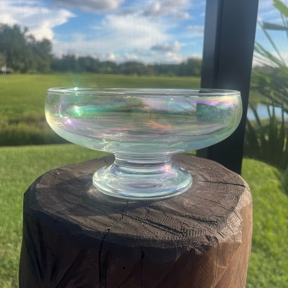 Vintage Iridescent Glass Compote Bowl Pedestal Candy Dish Carnival Style MCM - Picture 1 of 10